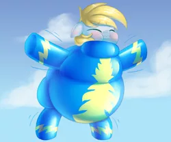Size: 1300x1080 | Tagged: suggestive, artist:latexcut1e, derpibooru import, oc, oc:cutting chipset, unofficial characters only, pegasus, pony, belly, blushing, clothes, eyes closed, floating, floppy ears, helium inflation, image, inflation, latex, latex suit, png, poofsuit, puffy cheeks, shaking hoof, uniform, wonderbolts uniform