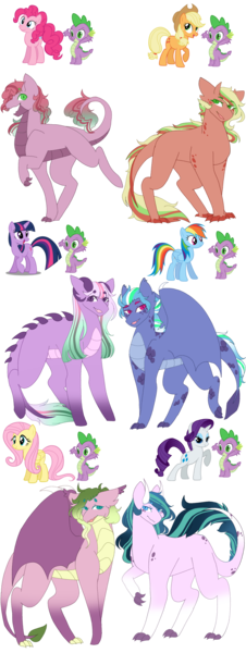 Size: 1280x3405 | Tagged: safe, artist:inkprism, derpibooru import, applejack, fluttershy, pinkie pie, rainbow dash, rarity, spike, twilight sparkle, oc, dracony, earth pony, hybrid, pegasus, pony, unicorn, applespike, claws, dragon wings, female, flutterspike, horns, image, interspecies offspring, male, offspring, parent:applejack, parent:fluttershy, parent:pinkie pie, parent:rainbow dash, parent:rarity, parent:spike, parent:twilight sparkle, parents:applespike, parents:flutterspike, parents:pinkiespike, parents:rainbowspike, parents:sparity, parents:twispike, pinkiespike, png, rainbowspike, shipping, simple background, slit pupils, sparity, straight, transparent background, twispike, wings