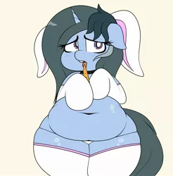 Size: 2202x2240 | Tagged: suggestive, artist:blitzyflair, derpibooru import, oc, oc:blitzy flair, unofficial characters only, pony, unicorn, animal costume, belly, belly button, bunny costume, bunny ears, carrot, chubby, clothes, costume, fat, female, floppy ears, food, image, jpeg, licking, looking at you, mare, plump, simple background, socks, solo, stockings, thick, thigh highs, thighs, thunder thighs, tongue out, underwear, wide hips