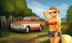 Size: 1280x768 | Tagged: suggestive, artist:asimos, derpibooru import, applejack, anthro, arm behind head, bandana, bandeau, belly button, breasts, car, cleavage, clothes, denim shorts, image, jpeg, shorts