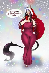 Size: 1750x2567 | Tagged: safe, artist:blackblood-queen, derpibooru import, oc, oc:beryl lovegreen, unofficial characters only, anthro, unguligrade anthro, unicorn, anthro oc, bag, big breasts, breasts, christmas, cleavage, clothes, cloven hooves, curved horn, dialogue, digital art, female, gilf, gloves, grandmother, hearth's warming, holiday, hoodie, horn, image, leonine tail, png, snow, snowfall, speech bubble, tail, unicorn oc