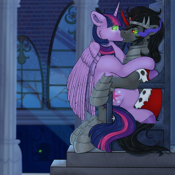 Size: 2363x2363 | Tagged: safe, artist:creed larsen, derpibooru import, king sombra, twilight sparkle, twilight sparkle (alicorn), alicorn, pony, unicorn, armor, castle, control, female, hug, image, kissing, magic, male, mind control, png, shipping, straight, throne, twibra, wings