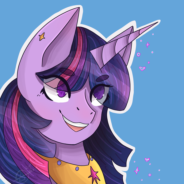 Size: 2048x2048 | Tagged: safe, artist:simulacrea, derpibooru import, twilight sparkle, twilight sparkle (alicorn), alicorn, pony, background, blue background, bust, eye clipping through hair, eyebrows, eyebrows visible through hair, female, high res, horn, image, jewelry, mare, multicolored mane, open mouth, open smile, outline, png, portrait, regalia, simple background, smiling, solo, white outline