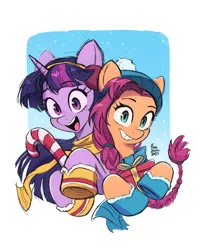 Size: 2480x3112 | Tagged: safe, artist:fanzeem, derpibooru import, sunny starscout, twilight sparkle, twilight sparkle (alicorn), alicorn, earth pony, g5, candy, candy cane, clothes, food, grin, happy, image, jpeg, looking at you, present, scarf, smiling