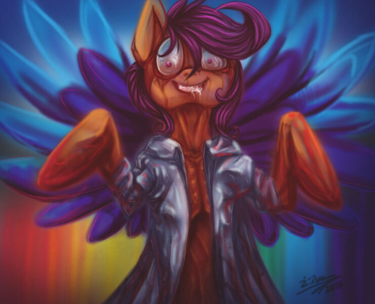 Size: 1024x829 | Tagged: semi-grimdark, alternate version, artist:tu-kierownik, derpibooru import, scootaloo, pegasus, pony, fanfic:pegasus device, fanfic:rainbow factory, absentia, arms in the air, blood, clothes, drool, evil, evil scootaloo, fanfic art, gritted teeth, image, implied murder, jpeg, lab coat, liquid rainbow, looking at you, older, older scootaloo, pegasus device, rainbow dash's wings, shrunken pupils, signature, spectra, wrong outfit