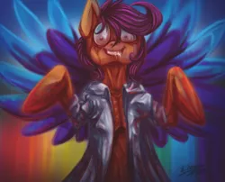 Size: 1024x829 | Tagged: semi-grimdark, alternate version, artist:tu-kierownik, derpibooru import, scootaloo, pegasus, pony, fanfic:pegasus device, fanfic:rainbow factory, absentia, arms in the air, blood, clothes, drool, evil, evil scootaloo, fanfic art, gritted teeth, image, implied murder, jpeg, lab coat, liquid rainbow, looking at you, older, older scootaloo, pegasus device, rainbow dash's wings, shrunken pupils, signature, spectra, wrong outfit