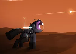 Size: 1978x1407 | Tagged: safe, artist:deafjaeger, derpibooru import, twilight sparkle, pony, unicorn, astronaut, desert, female, image, looking away, mare, outdoors, png, sand, solo, space, spacesuit, standing, sun, unicorn twilight