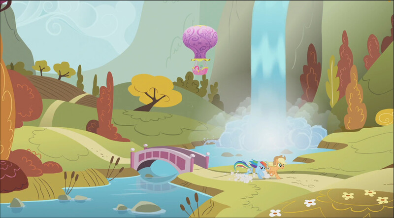 Size: 1632x902 | Tagged: safe, derpibooru import, screencap, applejack, pinkie pie, rainbow dash, spike, fall weather friends, autumn, bridge, hill, hot air balloon, image, jpeg, river, running of the leaves, scenery, tree, twinkling balloon, waterfall