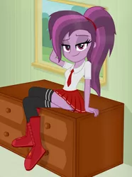 Size: 3659x4924 | Tagged: suggestive, artist:chomakony, derpibooru import, oc, oc:ruby geminis, unofficial characters only, equestria girls, bedroom eyes, clothes, crossed legs, equestria girls-ified, female, image, looking at you, png, ponytail, pose, school uniform, show accurate, skirt, smiling, smirk, socks, solo, thigh highs