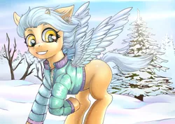 Size: 1754x1240 | Tagged: safe, artist:leastways, derpibooru import, oc, pegasus, pony, clothes, commission, ear piercing, earring, freckles, image, jacket, jewelry, jpeg, missing cutie mark, piercing, scenery, snow, tree, wind, windswept mane, wings, winter, winter outfit, ych result