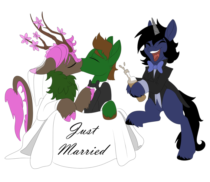 Size: 2500x2160 | Tagged: safe, artist:brainiac, derpibooru import, oc, oc:aggressor, oc:brush stroke, earth pony, kirin, pony, unicorn, derpibooru community collaboration, 2022 community collab, alcohol, champagne, female, image, just married, male, mare, png, stallion, wine