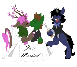 Size: 2500x2160 | Tagged: safe, artist:brainiac, derpibooru import, oc, oc:aggressor, oc:brush stroke, earth pony, kirin, pony, unicorn, derpibooru community collaboration, 2022 community collab, alcohol, champagne, female, image, just married, male, mare, png, stallion, wine