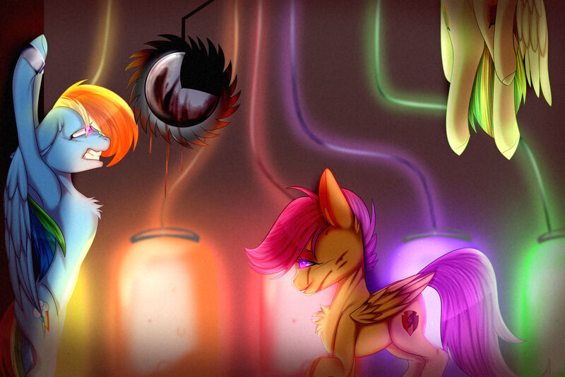 Size: 1280x854 | Tagged: semi-grimdark, derpibooru import, rainbow dash, scootaloo, oc, oc:wooden toaster, pegasus, pony, fanfic:rainbow factory, fanfic:the revenge of absentia, absentia, blood, cut, dripping blood, evil, evil grin, fanfic art, female, filly, floppy ears, glow, glowing eyes, good end?, grin, gritted teeth, hanging (by neck), image, imminent death, jpeg, liquid rainbow, mare, pegasus device, rainbow factory dash, saw, smiling, spectra, suicide, the tables have turned, trio