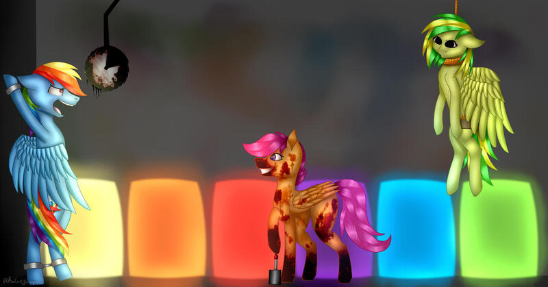 Size: 1280x670 | Tagged: semi-grimdark, artist:batzeyvampire, derpibooru import, rainbow dash, scootaloo, oc, oc:wooden toaster, pegasus, pony, fanfic:rainbow factory, fanfic:the revenge of absentia, absentia, blood, blood splatter, evil grin, fanfic art, female, filly, good end?, grin, hanging (by neck), image, jpeg, liquid rainbow, mare, open mouth, pegasus device, rainbow factory dash, revenge, saw, scared, shrunken pupils, smiling, spectra, suicide, the tables have turned, trio