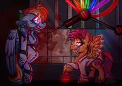 Size: 900x637 | Tagged: semi-grimdark, artist:millefaller, derpibooru import, rainbow dash, scootaloo, pegasus, pony, fanfic:rainbow factory, fanfic:the revenge of absentia, absentia, blood, blood stains, button, clothes, cut, duo, evil grin, eviloo, fanfic art, female, filly, glow, glowing eyes, good end?, grin, image, jpeg, lab coat, lidded eyes, liquid rainbow, looking at each other, looking at someone, mare, needle, pegasus device, rainbow factory dash, raised hoof, redraw, revenge, scared, signature, smiling, spectra, stitches, the tables have turned, watermark, wrong outfit