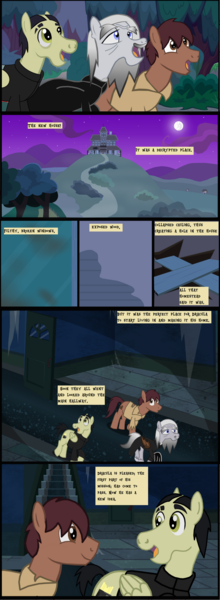 Size: 1280x3494 | Tagged: safe, artist:mr100dragon100, derpibooru import, oc, oc:thomas the wolfpony, comic:a king's journey home, abandoned, comic, dark forest au's dracula, dark forest au's phantom of the opera (erik), hill, house, image, mare in the moon, moon, night, png