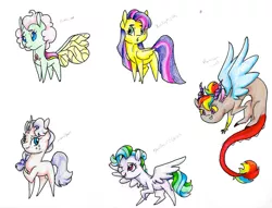 Size: 2076x1586 | Tagged: safe, artist:ask-y, derpibooru import, oc, unofficial characters only, changeling, draconequus, pegasus, pony, unicorn, changeling oc, draconequus oc, female, horn, image, interspecies offspring, jpeg, magical lesbian spawn, mare, offspring, one eye closed, parent:applejack, parent:discord, parent:fluttershy, parent:pinkie pie, parent:rainbow dash, parent:rarity, parent:starlight glimmer, parent:thorax, parent:twilight sparkle, parents:discodash, parents:rarijack, parents:twishy, pegasus oc, raised hoof, smiling, traditional art, unicorn oc, wings, wink