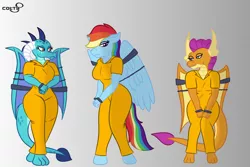 Size: 1280x853 | Tagged: safe, artist:colty8, derpibooru import, princess ember, rainbow dash, smolder, anthro, unguligrade anthro, bound wings, clothes, cuffs, image, jpeg, jumpsuit, prisoner rd, prison outfit, wings