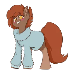 Size: 1779x1806 | Tagged: safe, artist:sneetymist, derpibooru import, oc, oc:soft coffee, unofficial characters only, earth pony, pony, derpibooru community collaboration, 2022 community collab, blushing, bottomless, clothes, coat markings, facial markings, female, fluffy, fluffy sweater, full body, image, mare, partial nudity, png, simple background, smiling, socks (coat marking), solo, standing, sweater, transparent background