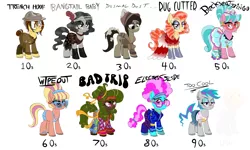 Size: 7500x4506 | Tagged: safe, artist:skunk bunk, derpibooru import, oc, oc:backseat bingo, oc:bad trip, oc:bangtail baby, oc:dismal dust, oc:electric slide, oc:rug cutter, oc:too cool, oc:trench hoof, oc:wipe out, unofficial characters only, earth pony, pony, '90s, 10s, 20s, 40s, 50s, 60s, 70s, 80s, afro, apron, art deco, bandage, beach babe, bedroom eyes, belt, bikini, bow, clothes, diner uniform, dress, dust, dustbowl, ear piercing, earring, earth pony oc, evening gloves, eyelashes, eyeshadow, fatigues, feather, female, flapper, flower, flower in hair, gloves, great depression, helmet, high, hippie, image, jeans, jewelry, leg warmers, leg wraps, lipstick, long gloves, makeup, mare, modern art, musician, necklace, pants, peace symbol, pearl, pearl necklace, piercing, png, poor, pouch, ptsd, roller skates, sad, sandals, scar, scarf, sequins, shocked, shocked expression, simple background, smiley face, smug, soldier, sultry, sunglasses, swimsuit, vaporwave, waitress, war, white background, world war i