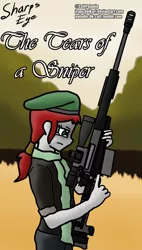 Size: 986x1735 | Tagged: safe, artist:jrapcdaikari, derpibooru import, oc, oc:sharps eye, unofficial characters only, equestria girls, ax-50, beret, gun, hat, image, png, rifle, sniper rifle, weapon