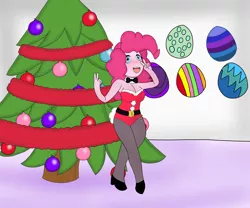 Size: 6048x5036 | Tagged: suggestive, derpibooru import, pinkie pie, human, equestria girls, bowtie, bunny tail, christmas, christmas tree, clothes, easter egg, holiday, humanized, image, png, socks, solo, stockings, tail, thigh highs, tree