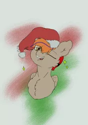 Size: 679x960 | Tagged: safe, artist:pufflu, derpibooru import, oc, oc:fededash, unofficial characters only, christmas, happy, happy new year, hat, holiday, image, jpeg, looking at you, one eye closed, santa hat, wink, winking at you