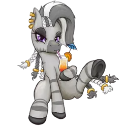 Size: 1000x1000 | Tagged: safe, artist:grayk, derpibooru import, oc, oc:ohki, unofficial characters only, zebra, derpibooru community collaboration, 2022 community collab, alcohol, bedroom eyes, braid, braided tail, cocktail, cocktail glass, cocktail umbrella, derpibooru exclusive, drink, eyeshadow, frog (hoof), image, makeup, png, purple eyes, simple background, sitting, solo, tail, transparent background, underhoof