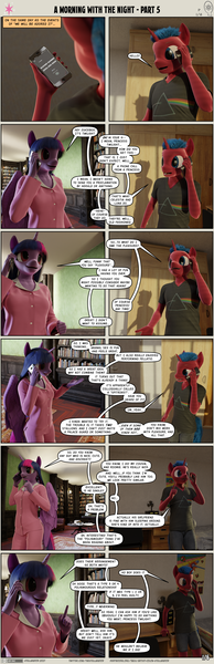 Size: 2000x6190 | Tagged: questionable, artist:stellarator, derpibooru import, twilight sparkle, oc, oc:juicebox, anthro, unguligrade anthro, comic:a morning with the night, comic:a morning with the night part 5, 3d, blender, clothes, comic, cycles, image, not sfm, pajamas, png
