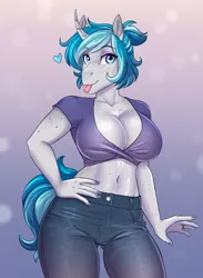 Size: 2326x3172 | Tagged: suggestive, artist:askbubblelee, derpibooru import, oc, oc:bubble lee, unofficial characters only, anthro, unguligrade anthro, unicorn, :p, anthro oc, belly button, big breasts, breasts, busty oc, cleavage, clothes, digital art, eyebrows, eyebrows visible through hair, female, freckles, gradient background, hand on hip, high res, horn, image, jewelry, looking at you, married, pants, png, ring, smiling, smiling at you, solo, solo female, tongue out, unicorn oc, wedding ring
