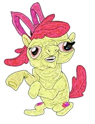 Size: 762x994 | Tagged: safe, artist:applebeans, derpibooru import, apple bloom, earth pony, pony, apple family member, creepy, cursed image, cutie mark, female, filly, foal, image, nightmare fuel, open mouth, png, simple background, solo, teeth, transparent background, wat