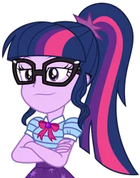 Size: 2213x2828 | Tagged: safe, artist:sketchmcreations, derpibooru import, sci-twi, twilight sparkle, equestria girls, equestria girls series, holidays unwrapped, spoiler:eqg series (season 2), :s, crossed arms, female, geode of telekinesis, glasses, high res, image, lidded eyes, magical geodes, png, ponytail, simple background, smiling, smirk, smug, solo, the cider louse fools, transparent background, vector, wavy mouth
