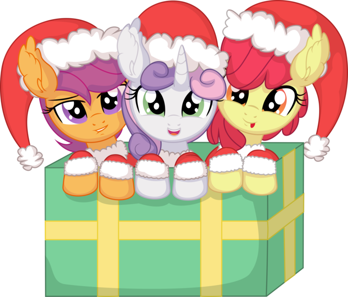 Size: 7764x6623 | Tagged: safe, artist:cyanlightning, derpibooru import, apple bloom, scootaloo, sweetie belle, earth pony, pegasus, pony, unicorn, .svg available, :p, box, christmas, clothes, costume, cutie mark crusaders, ear fluff, female, filly, foal, grin, hat, holiday, image, lidded eyes, lip bite, looking at you, open mouth, open smile, png, pony in a box, present, santa costume, santa hat, simple background, smiling, smiling at you, tongue out, transparent background, trio, trio female, vector