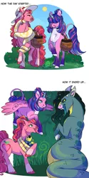 Size: 2200x4400 | Tagged: safe, artist:theartfox2468, derpibooru import, oc, oc:estella sparkle, oc:valentine, unofficial characters only, alicorn, earth pony, frog, ophiotaurus, pony, snake, body freckles, coat markings, colored hooves, crystal horn, egg, fangs, female, food, freckles, hair over eyes, hat, horn, image, jpeg, leonine tail, long tongue, mare, offspring, parent:big macintosh, parent:flash sentry, parent:fluttershy, parent:twilight sparkle, parents:flashlight, parents:fluttermac, pet, slit pupils, socks (coat marking), strawberry, sun hat, tail, tongue out