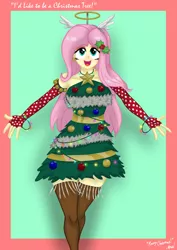 Size: 1280x1807 | Tagged: safe, artist:lennondash, derpibooru import, fluttershy, equestria girls, christmas, christmas tree, clothes, dress, female, fluttertree, gloves, halo, holiday, i'd like to be a tree, image, jpeg, long gloves, merry christmas, solo, tree