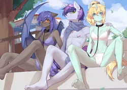 Size: 3508x2480 | Tagged: artist needed, source needed, suggestive, derpibooru import, oc, oc:bar, oc:crystal eve, oc:crystaleve, oc:diamonody, unofficial characters only, anthro, bat pony, earth pony, plantigrade anthro, unicorn, anthro oc, barefoot, bat pony oc, bat wings, blushing, bra, breasts, busty oc, cameltoe, cleavage, clothes, collar, feet, image, jpeg, leash, panties, pet play, scarf, underwear, wings
