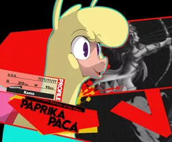 Size: 2323x1917 | Tagged: safe, artist:hitsuji, derpibooru import, them's fightin' herds, community related, image, paprika (tfh), persona, persona 4, persona 4 arena, png, solo, style emulation, text