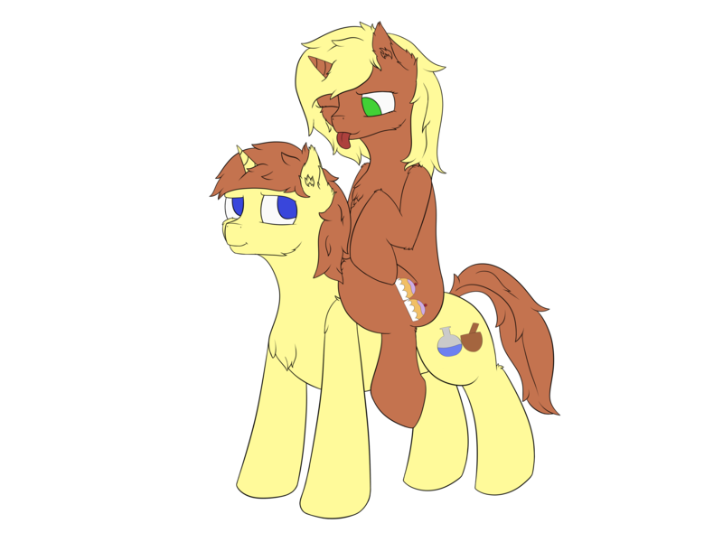 Size: 4000x3000 | Tagged: safe, artist:donnik, derpibooru import, oc, oc:cream pie, oc:sugar pie, pony, unicorn, derpibooru community collaboration, 2022 community collab, brother and sister, female, image, male, png, ponies riding ponies, riding, siblings, tongue out