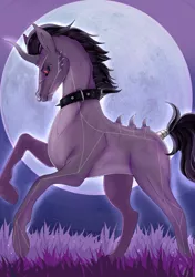 Size: 2100x2982 | Tagged: safe, artist:munrei, derpibooru import, oc, oc:kuroran, unofficial characters only, pony, unicorn, black sclera, collar, grass, horn, image, male, moon, night, nose piercing, piercing, png, simple background, solo, solo male, stallion, thorns