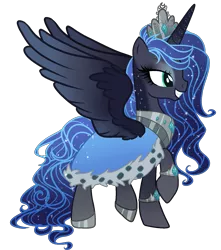 Size: 1500x1700 | Tagged: safe, artist:gihhbloonde, derpibooru import, oc, unofficial characters only, alicorn, pony, alicorn oc, base used, cloak, clothes, ethereal mane, eyelashes, female, grin, hoof polish, horn, image, jewelry, mare, offspring, parent:king sombra, parent:princess luna, parents:lumbra, png, raised hoof, simple background, smiling, starry mane, tiara, transparent background, wings