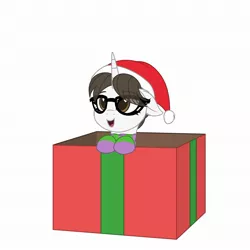 Size: 2048x2048 | Tagged: safe, artist:itsnovastarblaze, derpibooru import, raven, pony, unicorn, christmas, commission, cute, eye clipping through hair, female, glasses, hair bun, hat, holiday, image, jpeg, looking at you, mare, necktie, present, raven inkwell, ravenbetes, santa hat, secretary, simple background, smiling, smiling at you, solo, wat, ych result