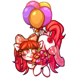 Size: 1200x1200 | Tagged: safe, artist:bunchi, derpibooru import, oc, oc:poppy doll, earth pony, pony, derpibooru community collaboration, 2022 community collab, adorable face, balloon, blushing, bouquet, clothes, cute, flower, heart, heart eyes, image, looking at you, png, red eyes, smiling, smiling at you, socks, solo, swirly eyes, thigh highs, wingding eyes