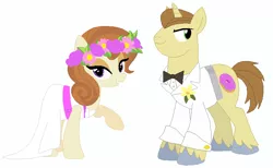 Size: 748x462 | Tagged: safe, artist:unicornsmile, derpibooru import, cinnamon chai, donut joe, unicorn, cinnamon donut, clothes, dress, female, image, male, png, shipping, simple background, straight, tuxedo, wedding dress, white background