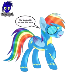 Size: 3840x3840 | Tagged: safe, artist:damlanil, derpibooru import, rainbow dash, pegasus, pony, catsuit, clothes, comic, cute, eyeshadow, female, goggles, happy, image, latex, latex suit, looking at you, makeup, mare, open mouth, png, raised hoof, rubber, shine, shiny, shiny mane, simple background, solo, suit, text, transparent background, uniform, vector, wings, wonderbolts, wonderbolts uniform