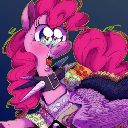 Size: 1280x1280 | Tagged: semi-grimdark, artist:spiders-in-the-city, derpibooru import, pinkie pie, pony, fanfic:cupcakes, cutie mark dress, horn, horn necklace, image, jewelry, necklace, png, solo