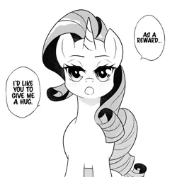Size: 1101x1100 | Tagged: safe, artist:nathayro37, derpibooru import, rarity, pony, unicorn, hug request, image, monochrome, open mouth, png, speech bubble
