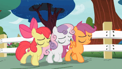 Size: 800x450 | Tagged: safe, derpibooru import, screencap, apple bloom, cozy glow, scootaloo, sweetie belle, earth pony, pegasus, pony, unicorn, marks for effort, season 8, spoiler:s08, animated, apple bloom's bow, bow, celebration, check mark, cheering, collision, curly mane, cutie mark crusaders, dust cloud, excited, excitement, eyes closed, female, fence, filly, foal, gif, hair bow, happy, image, lifting, open mouth, paper, ribbon, small wings, smiling, tackle, teeth, tree, walking, wings