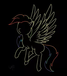 Size: 1671x1920 | Tagged: safe, artist:underwoodart, derpibooru import, oc, oc:shooting star, pegasus, pony, black background, contrast, derpibooru exclusive, flight of the valkyrie, image, multicolored hair, neon, outline, outlines only, pegasus oc, png, rainbow hair, simple background, spread wings, wings