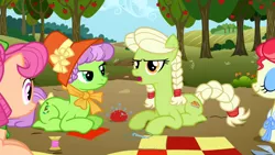 Size: 1920x1080 | Tagged: safe, derpibooru import, screencap, apple rose, auntie applesauce, granny smith, sew 'n sow, earth pony, pony, apple family reunion, season 3, eyes closed, female, image, lying down, mare, open mouth, png, prone, young, young apple rose, young auntie applesauce, young granny smith, younger