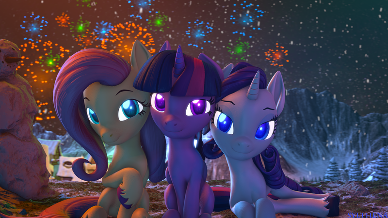 Size: 3840x2160 | Tagged: safe, artist:sylthena, derpibooru import, fluttershy, twilight sparkle, twilight sparkle (alicorn), alicorn, pegasus, pony, unicorn, 3d, 4k, cozy, cute, fireplace, fireworks, glow, glowing eyes, grass, happy new year, holiday, horn, image, looking at you, mountain, nature, new years eve, png, snow, snowman, source filmmaker, tree, trio, wings